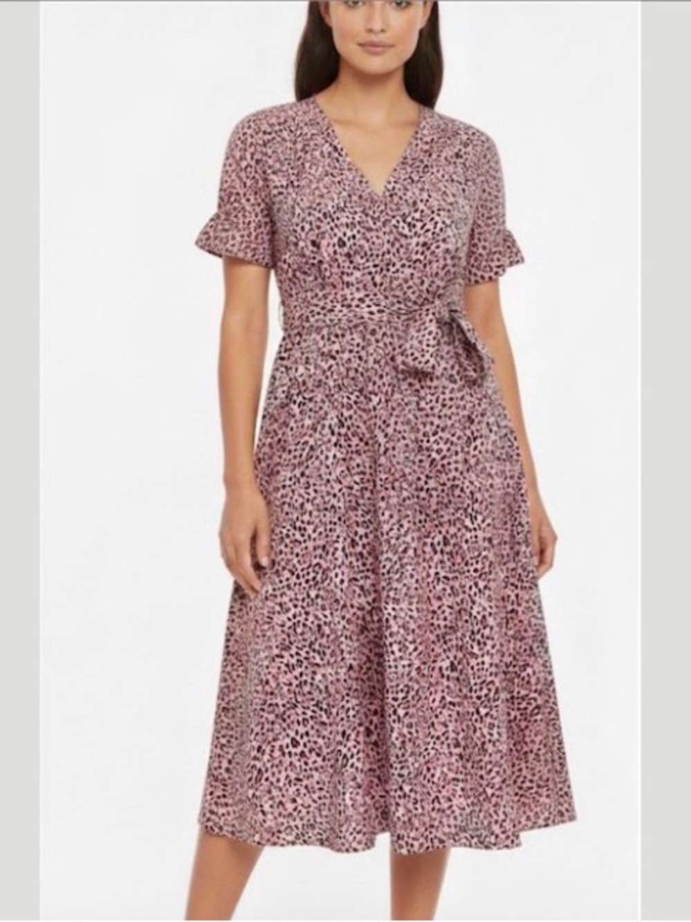 NWT Pink and Black Leopard Print Belted  Midi Dress Flutter Sleeve XXL